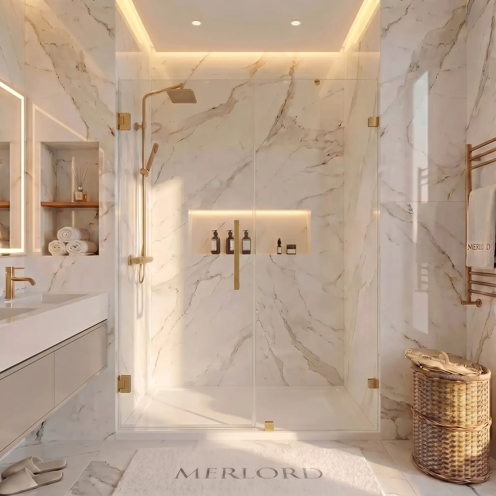 Frameless swing shower door installed in a warm stone bathroom