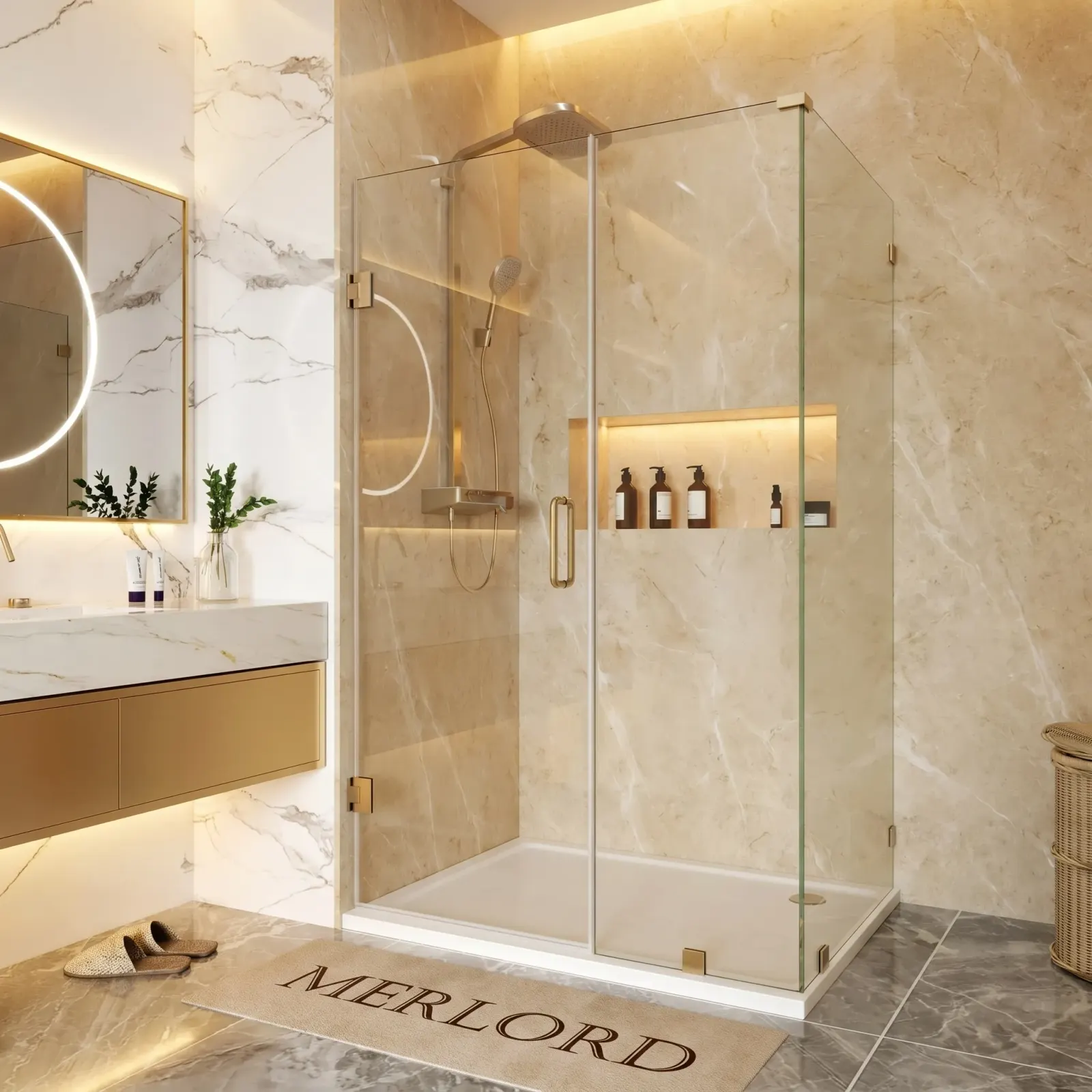 Frameless rectangle shower enclosure in a white marble bathroom